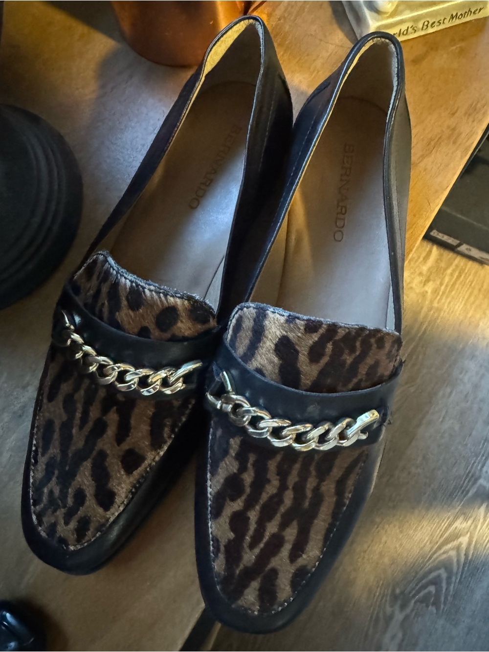 Bernardo Leopard Haircalf Chain-Trim Loafers - Black/Brown